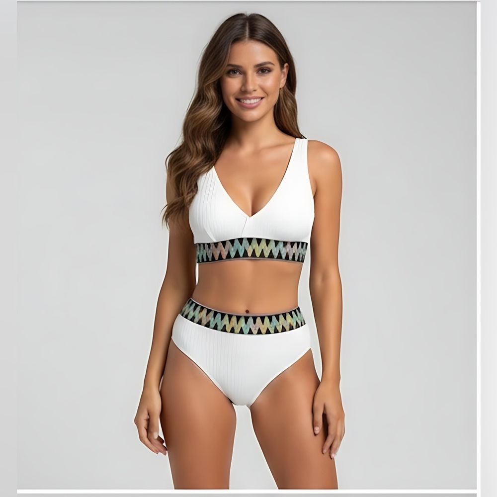 White Chevron Trim High Waisted Bikini Set - Ribbed V-Neck Two-Piece